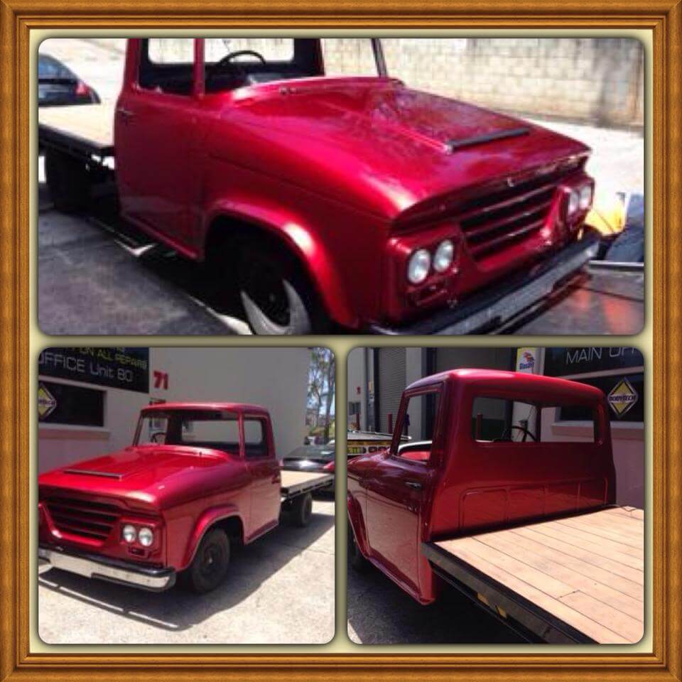Collage of red Ford pickup car restoration