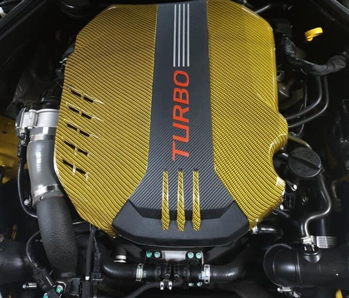 Kia Stinger yellow hydro dipping on engine cover