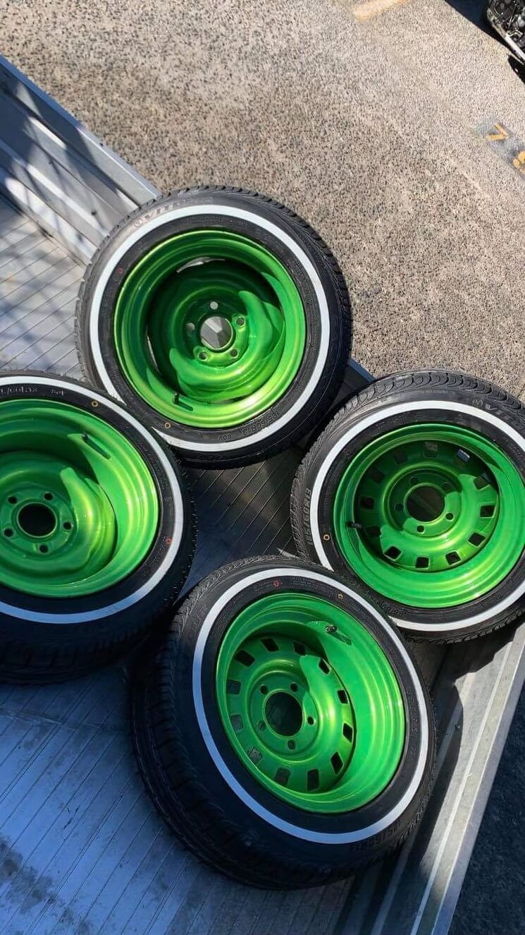Green Powder Coating on Wheels with Tyres