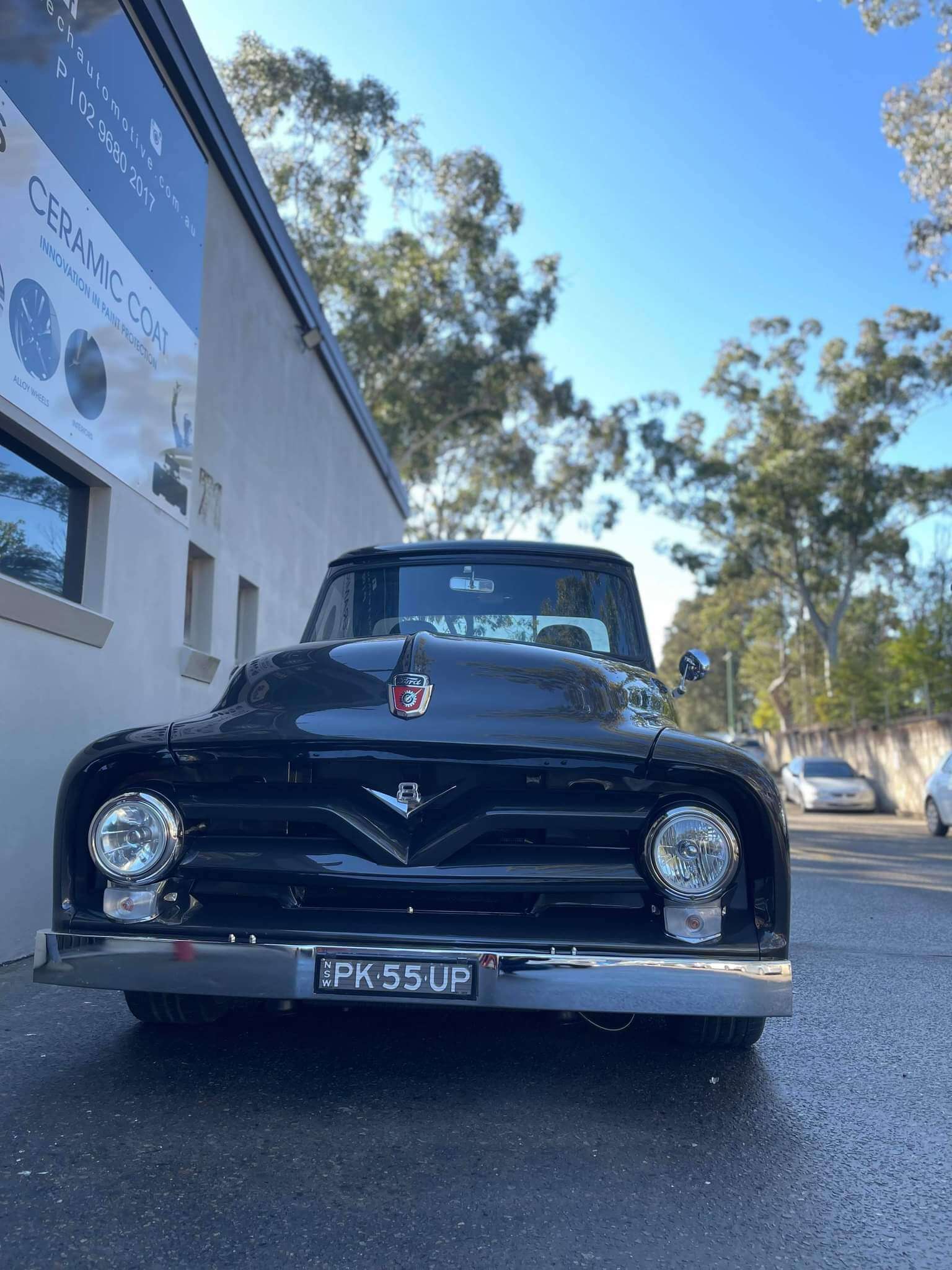 Front of vintage black pickup restoration in Sydney