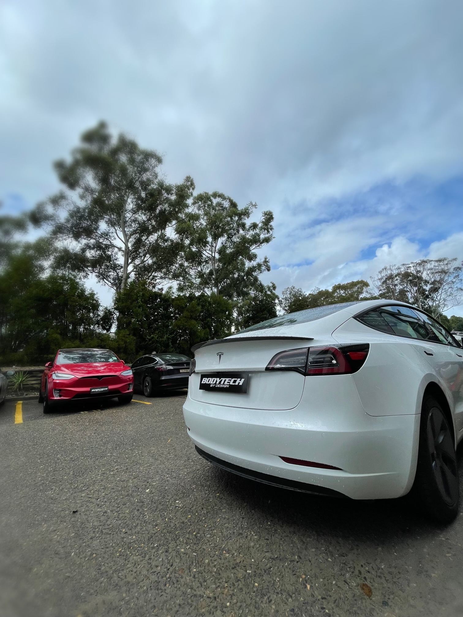 White, black and red Tesla at Tesla specialist in Castle Hill