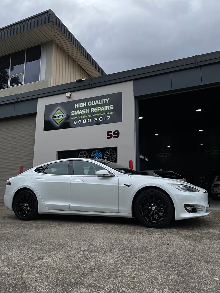 White Tesla smash repairs Sydney
